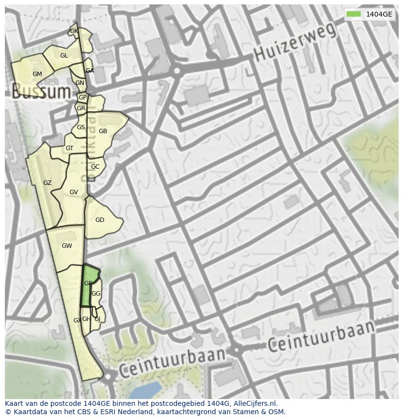 Afbeelding van het postcodegebied 1404 GE op de kaart.