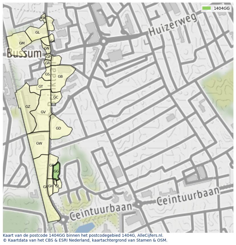 Afbeelding van het postcodegebied 1404 GG op de kaart.