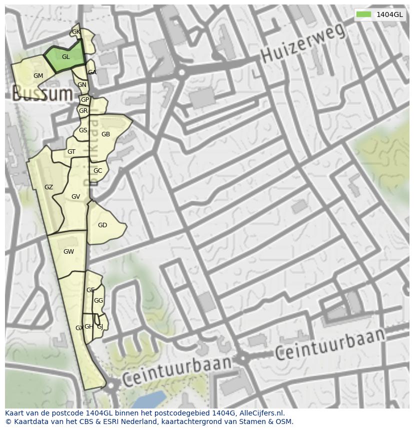 Afbeelding van het postcodegebied 1404 GL op de kaart.