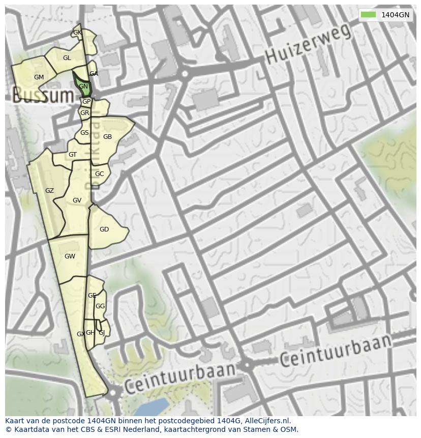 Afbeelding van het postcodegebied 1404 GN op de kaart.