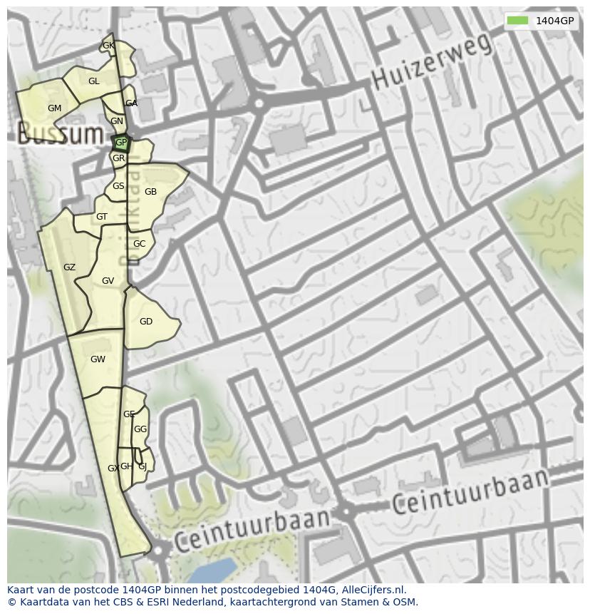Afbeelding van het postcodegebied 1404 GP op de kaart.