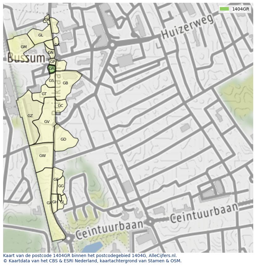 Afbeelding van het postcodegebied 1404 GR op de kaart.