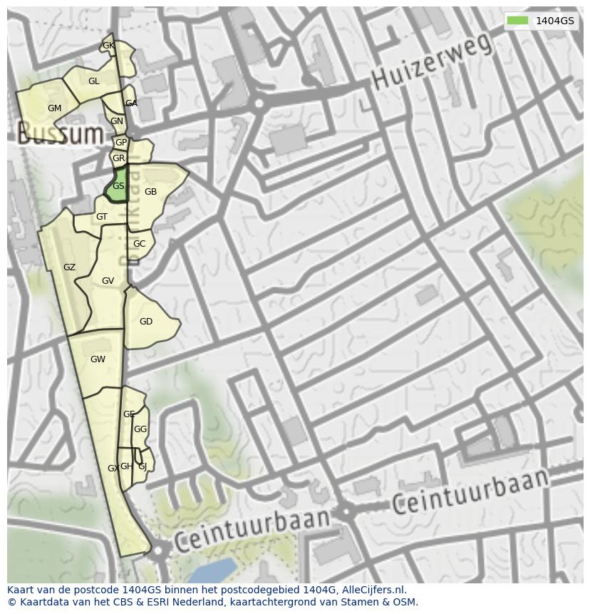 Afbeelding van het postcodegebied 1404 GS op de kaart.