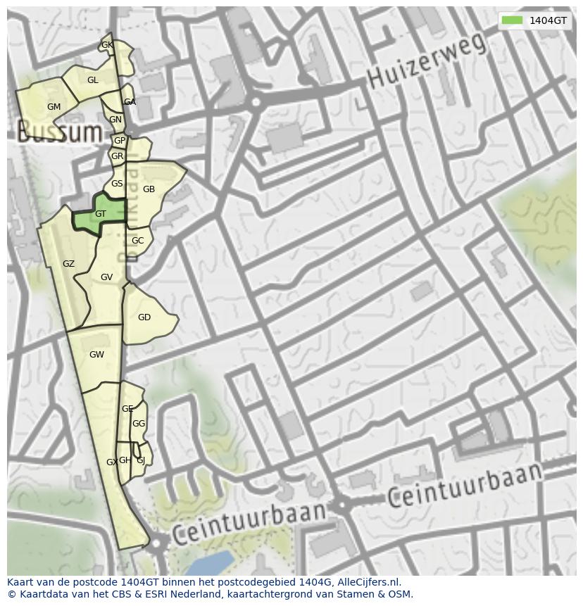 Afbeelding van het postcodegebied 1404 GT op de kaart.