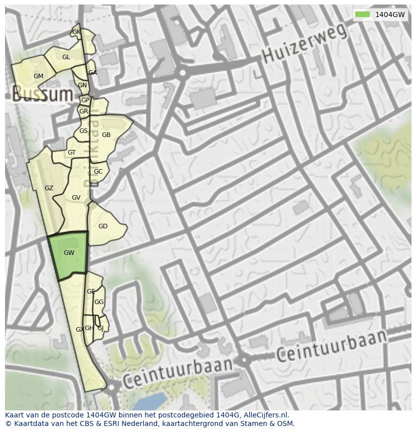 Afbeelding van het postcodegebied 1404 GW op de kaart.