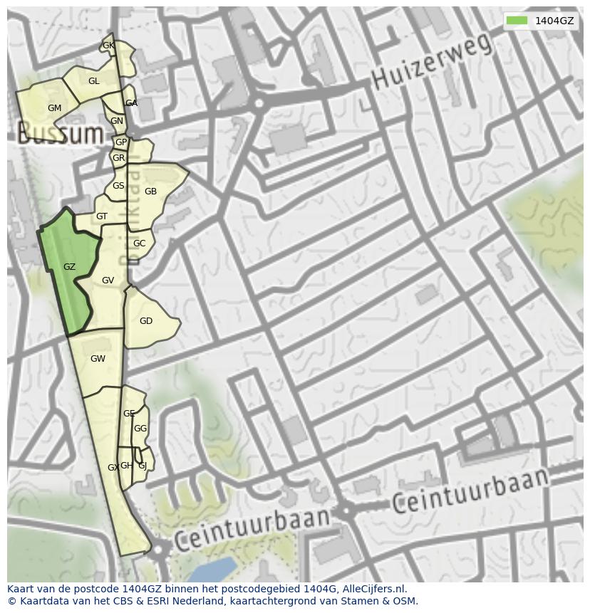 Afbeelding van het postcodegebied 1404 GZ op de kaart.