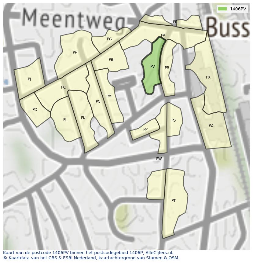 Afbeelding van het postcodegebied 1406 PV op de kaart.