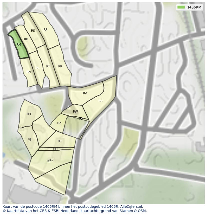 Afbeelding van het postcodegebied 1406 RM op de kaart.