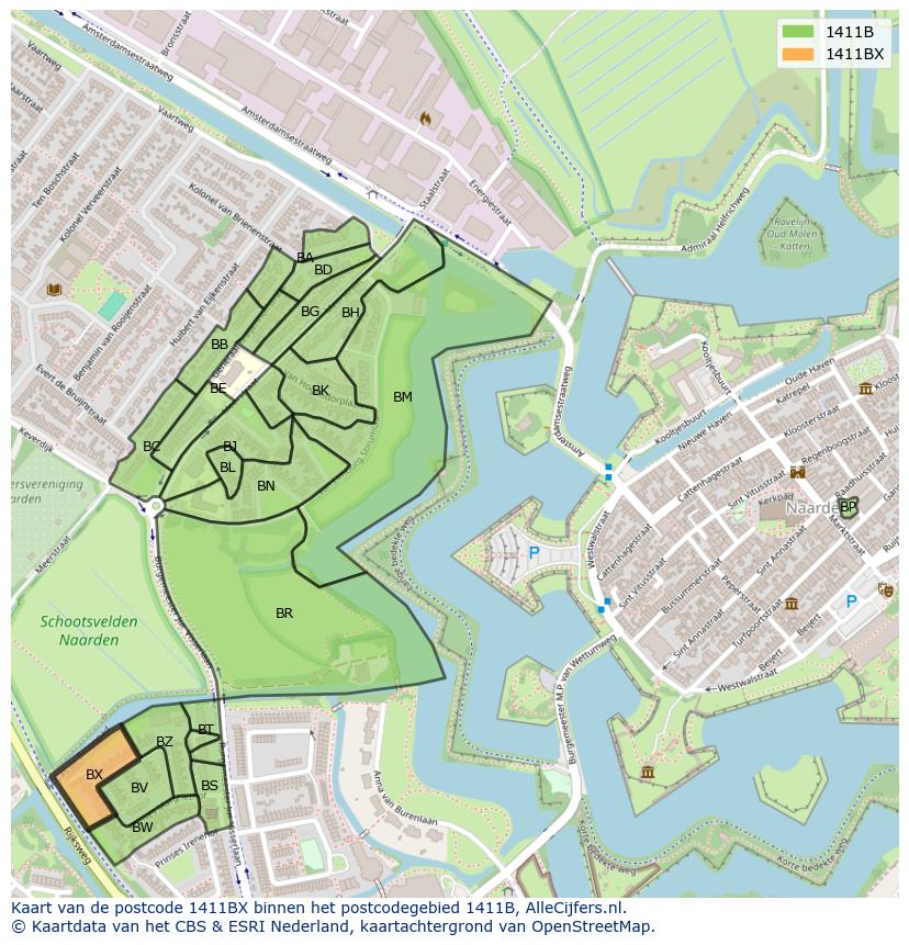 Afbeelding van het postcodegebied 1411 BX op de kaart.