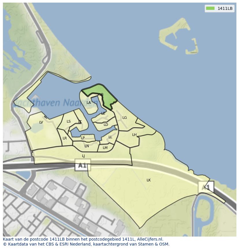 Afbeelding van het postcodegebied 1411 LB op de kaart.