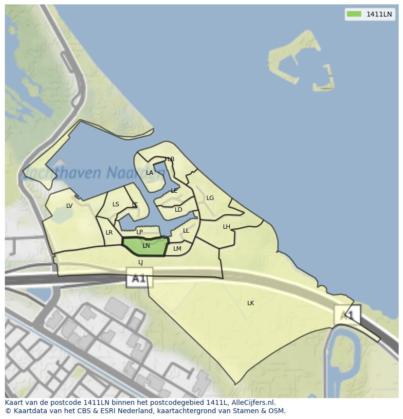 Afbeelding van het postcodegebied 1411 LN op de kaart.
