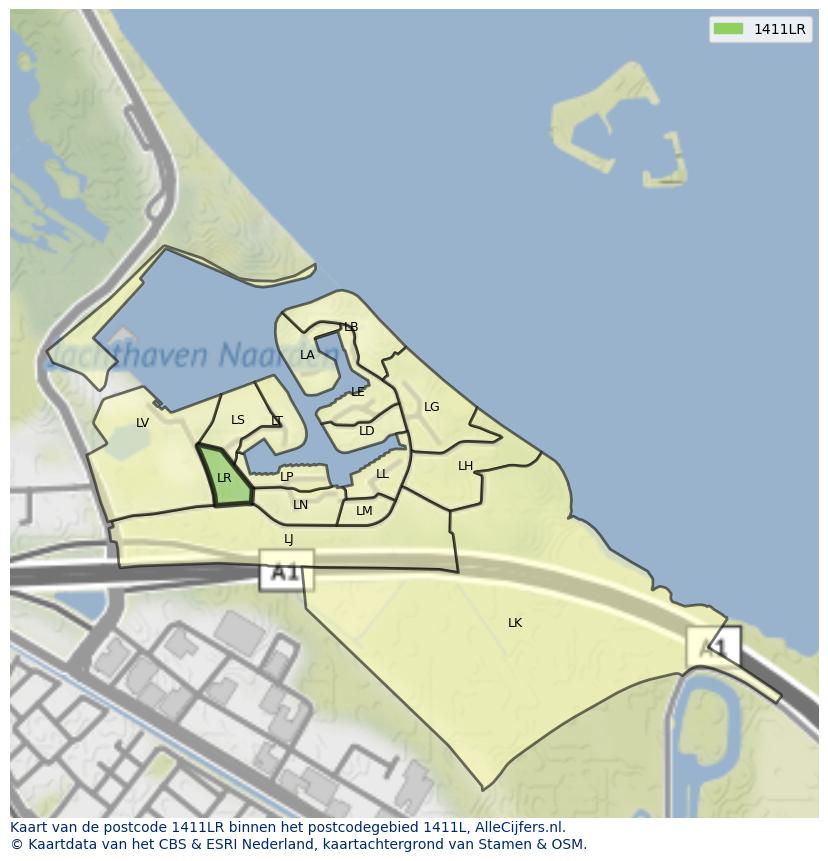 Afbeelding van het postcodegebied 1411 LR op de kaart.