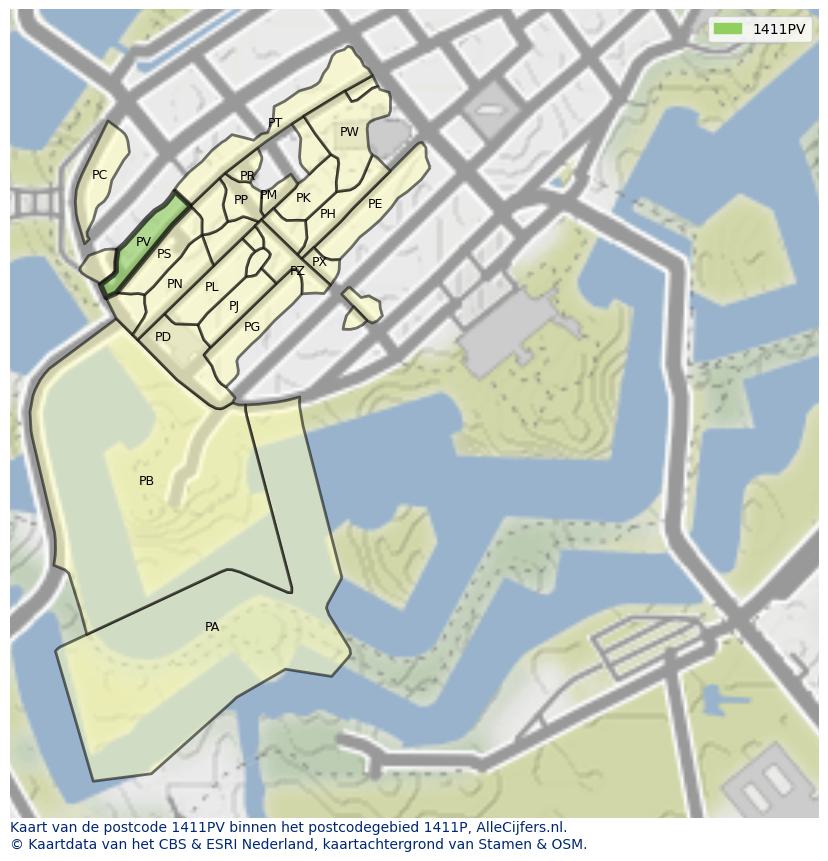 Afbeelding van het postcodegebied 1411 PV op de kaart.