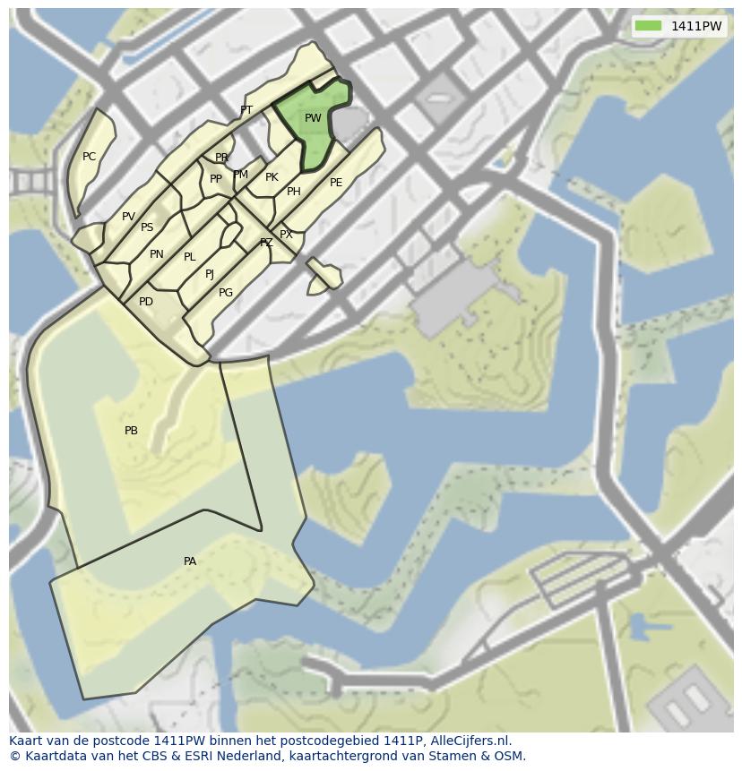 Afbeelding van het postcodegebied 1411 PW op de kaart.