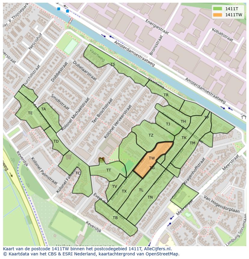 Afbeelding van het postcodegebied 1411 TW op de kaart.