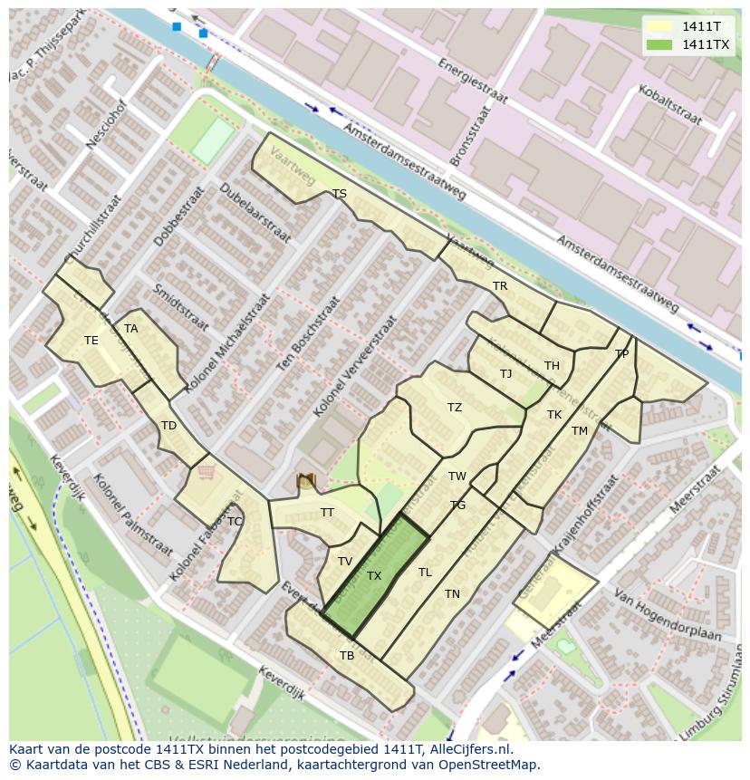 Afbeelding van het postcodegebied 1411 TX op de kaart.