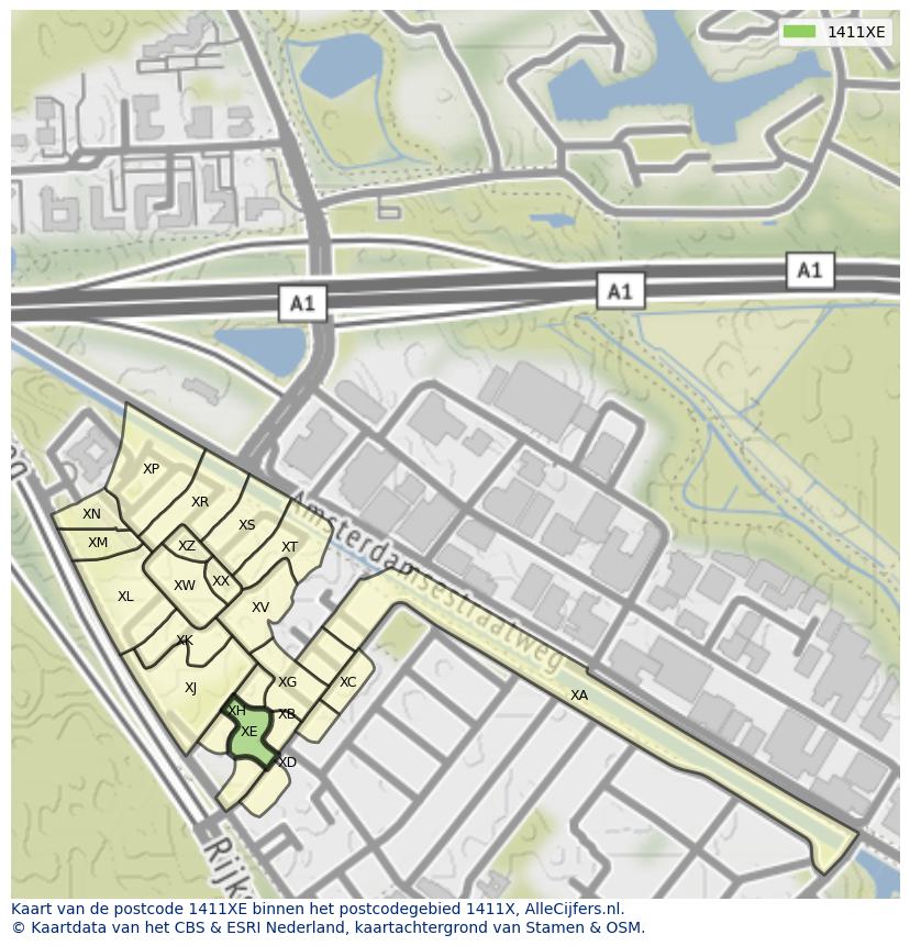 Afbeelding van het postcodegebied 1411 XE op de kaart.