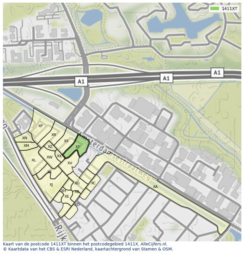 Afbeelding van het postcodegebied 1411 XT op de kaart.