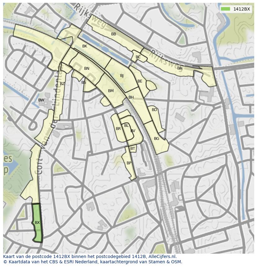 Afbeelding van het postcodegebied 1412 BX op de kaart.