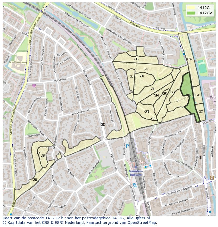 Afbeelding van het postcodegebied 1412 GV op de kaart.