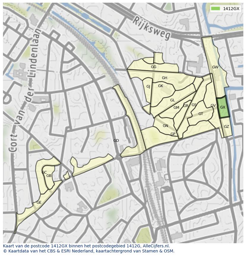 Afbeelding van het postcodegebied 1412 GX op de kaart.