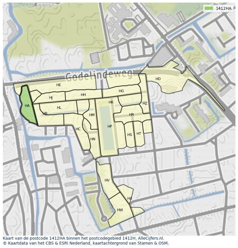 Afbeelding van het postcodegebied 1412 HA op de kaart.