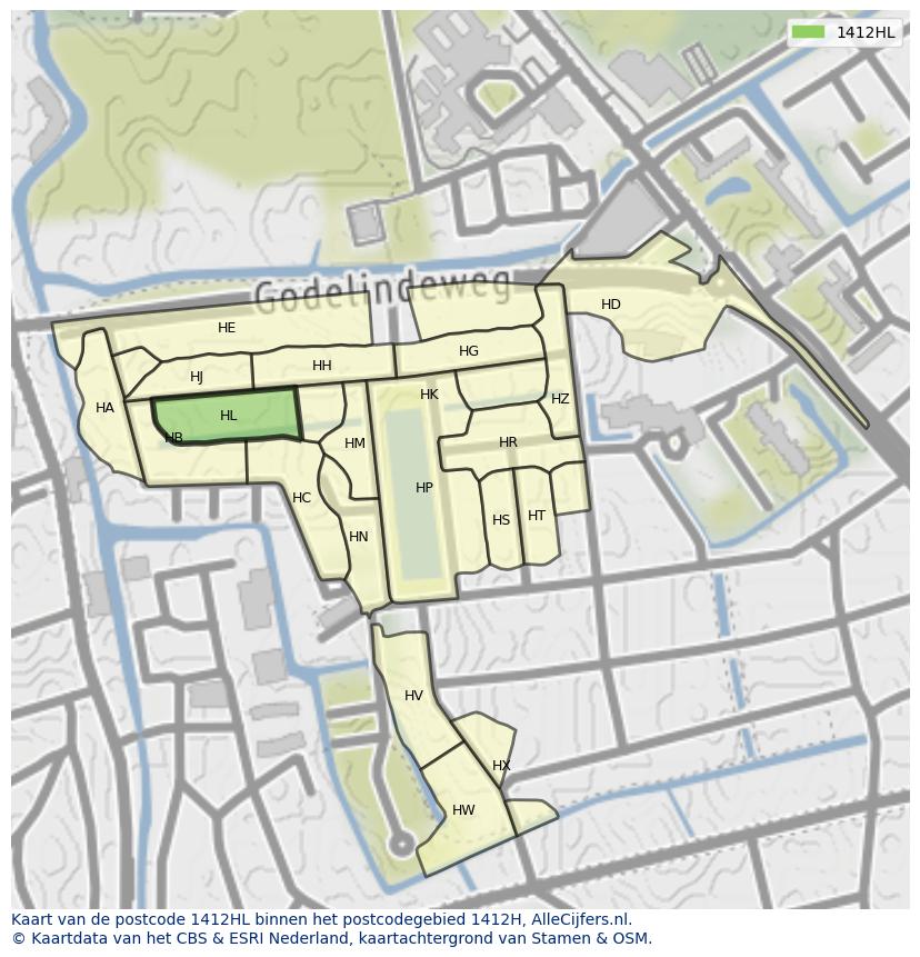 Afbeelding van het postcodegebied 1412 HL op de kaart.