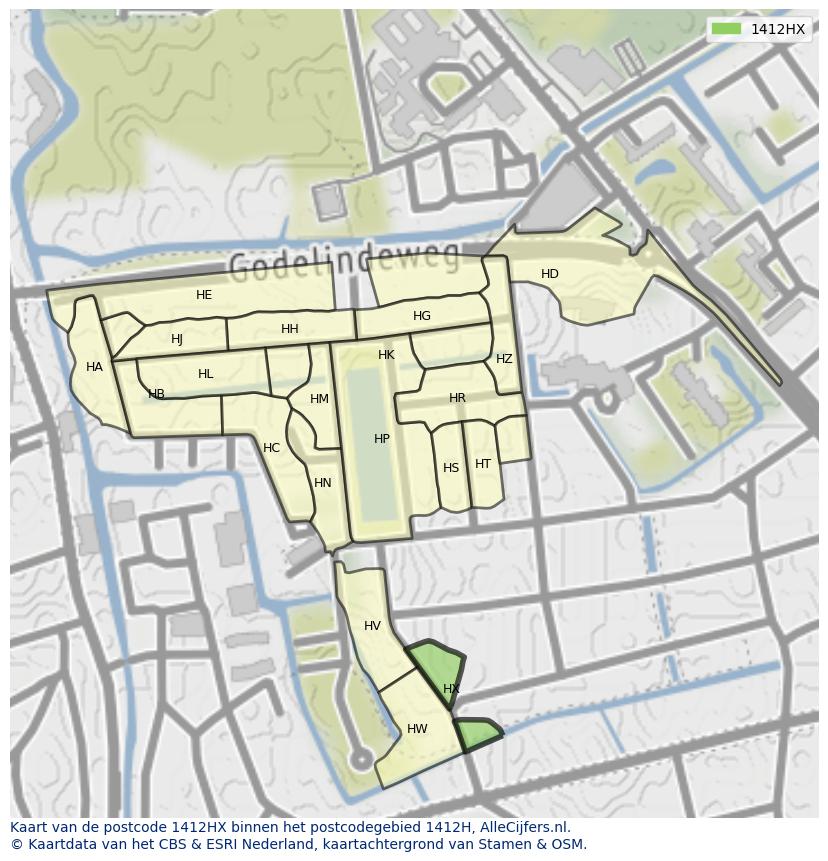 Afbeelding van het postcodegebied 1412 HX op de kaart.