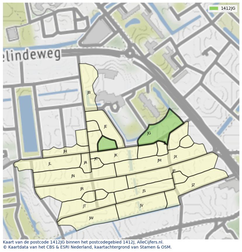 Afbeelding van het postcodegebied 1412 JG op de kaart.