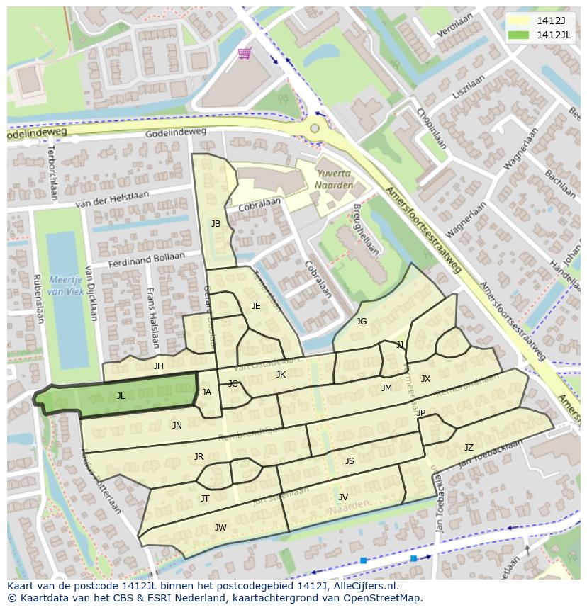 Afbeelding van het postcodegebied 1412 JL op de kaart.