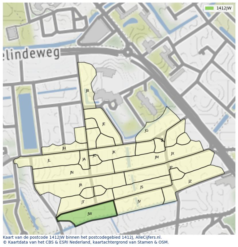 Afbeelding van het postcodegebied 1412 JW op de kaart.