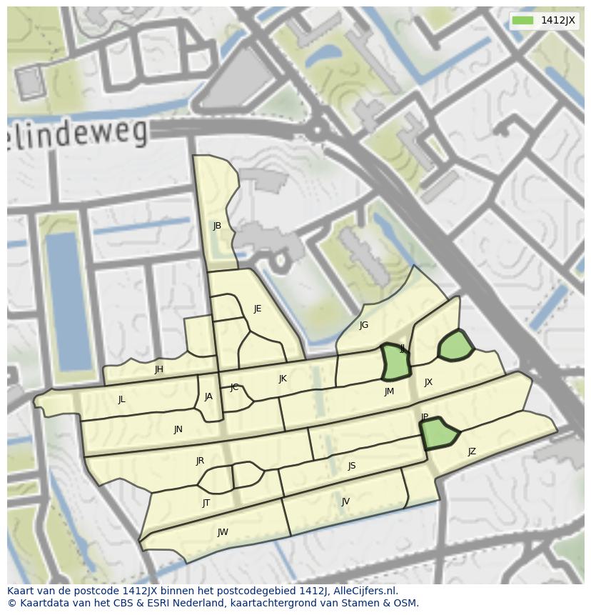 Afbeelding van het postcodegebied 1412 JX op de kaart.
