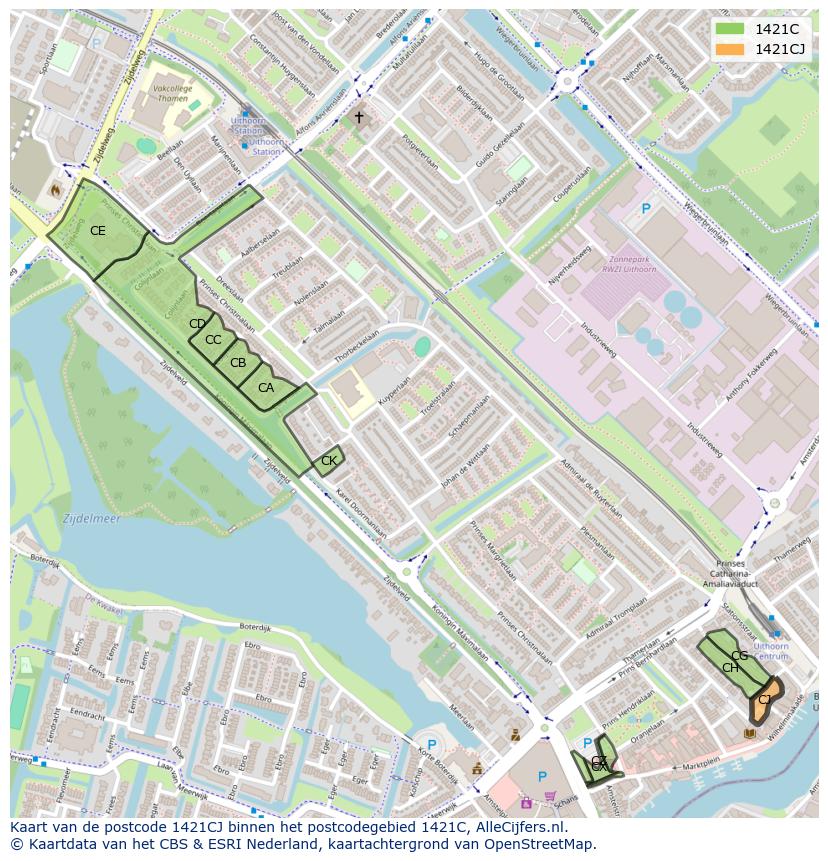 Afbeelding van het postcodegebied 1421 CJ op de kaart.