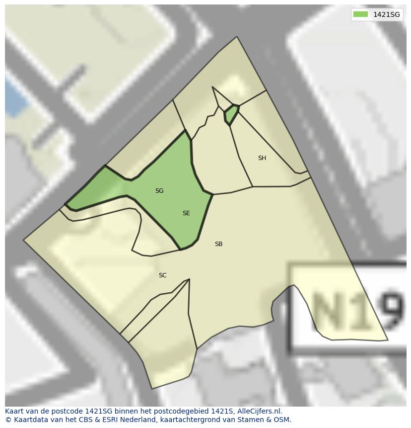 Afbeelding van het postcodegebied 1421 SG op de kaart.