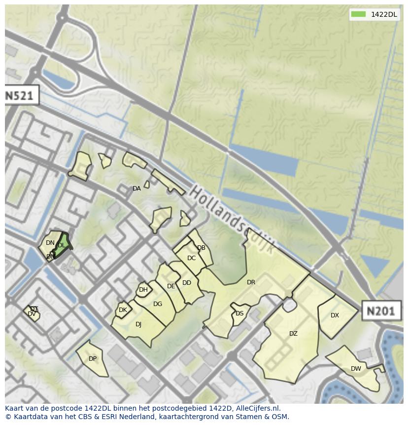 Afbeelding van het postcodegebied 1422 DL op de kaart.
