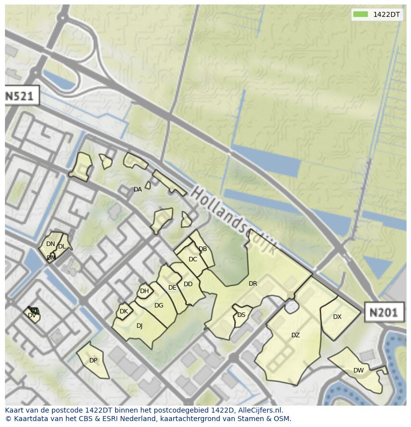 Afbeelding van het postcodegebied 1422 DT op de kaart.