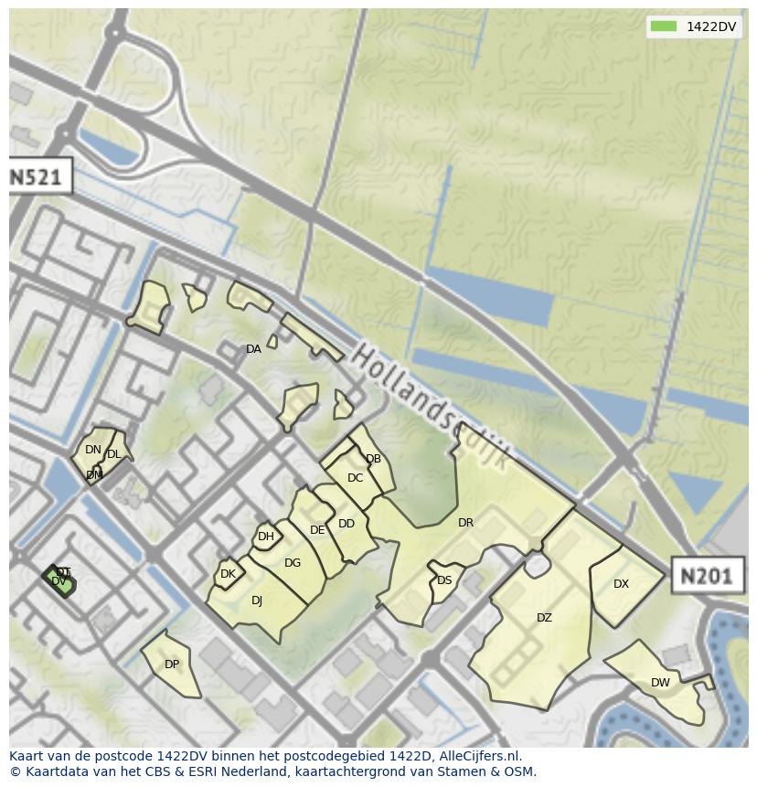 Afbeelding van het postcodegebied 1422 DV op de kaart.