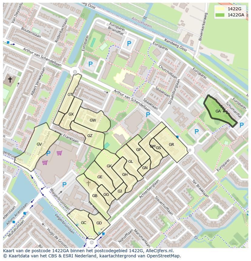 Afbeelding van het postcodegebied 1422 GA op de kaart.