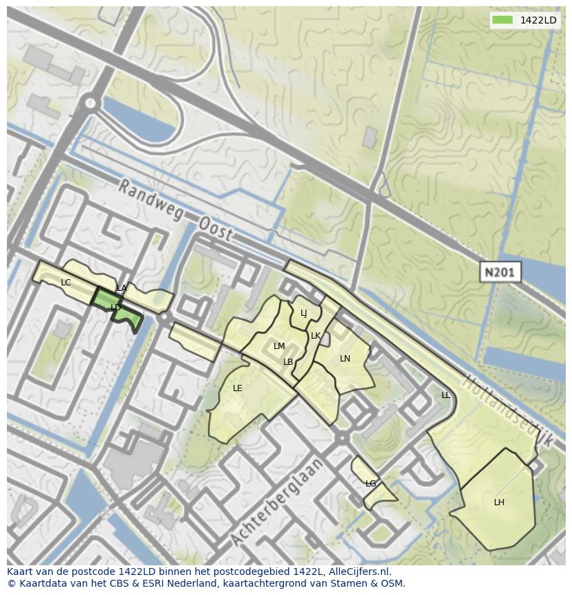 Afbeelding van het postcodegebied 1422 LD op de kaart.