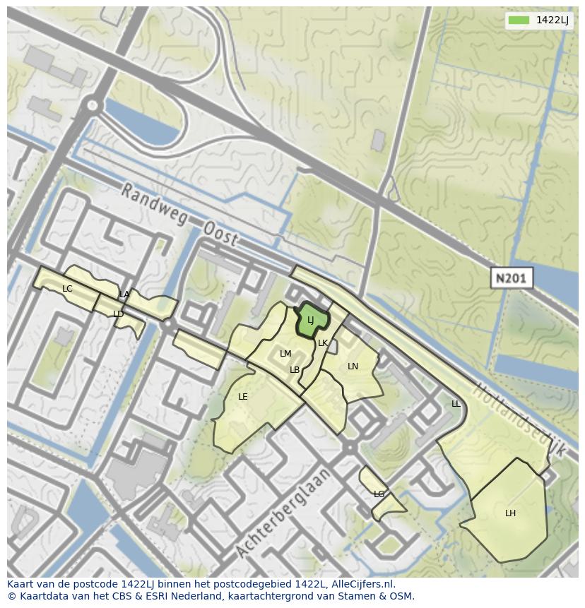 Afbeelding van het postcodegebied 1422 LJ op de kaart.