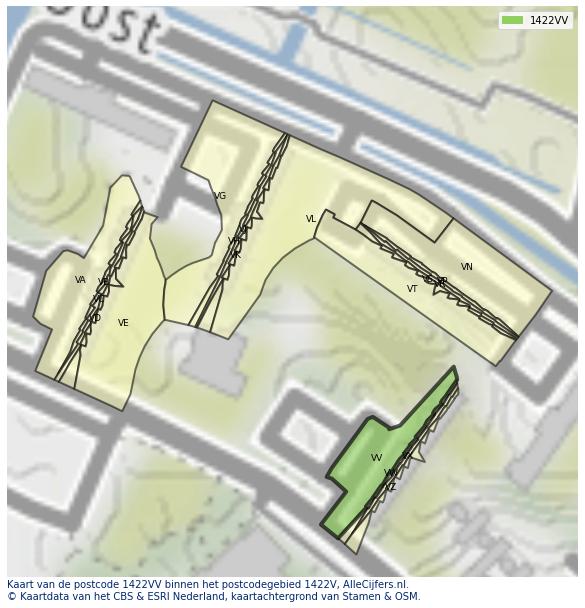 Afbeelding van het postcodegebied 1422 VV op de kaart.
