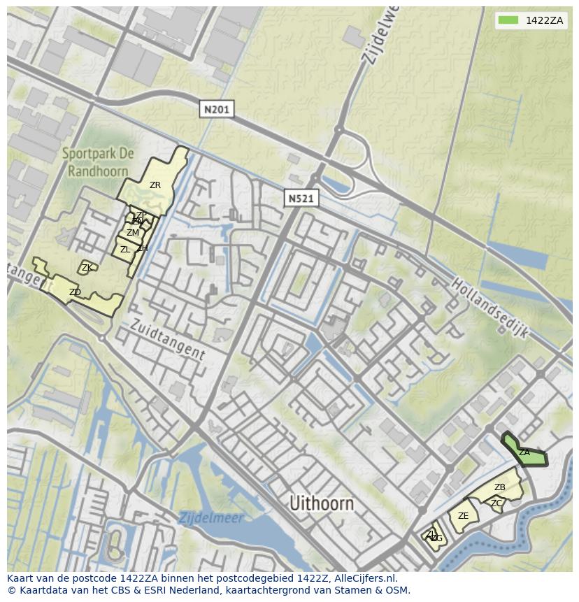 Afbeelding van het postcodegebied 1422 ZA op de kaart.