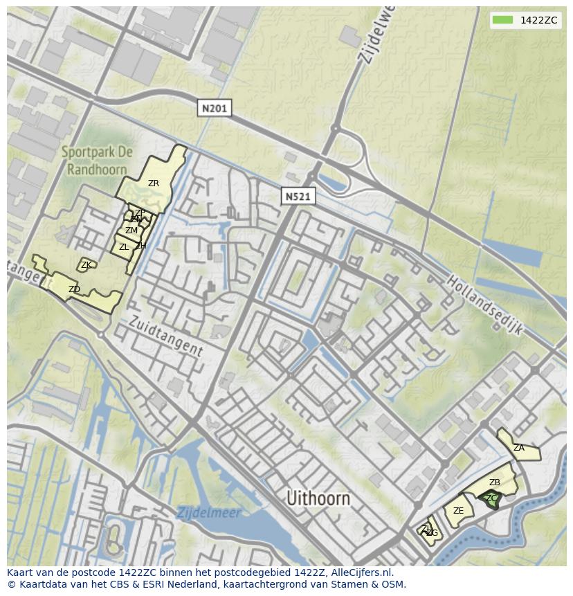 Afbeelding van het postcodegebied 1422 ZC op de kaart.