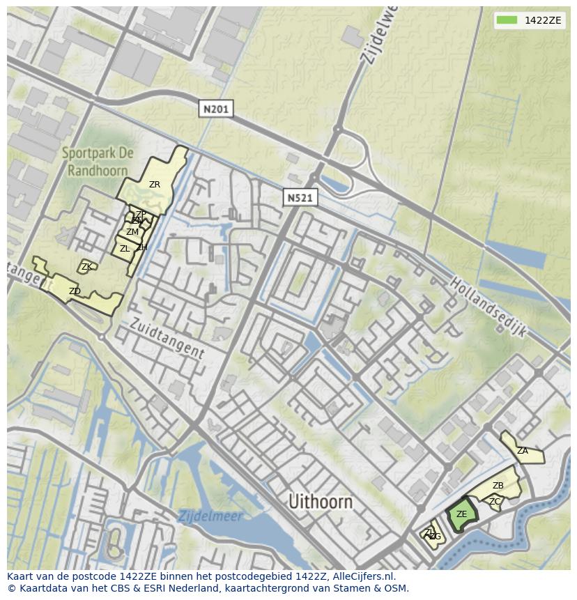 Afbeelding van het postcodegebied 1422 ZE op de kaart.