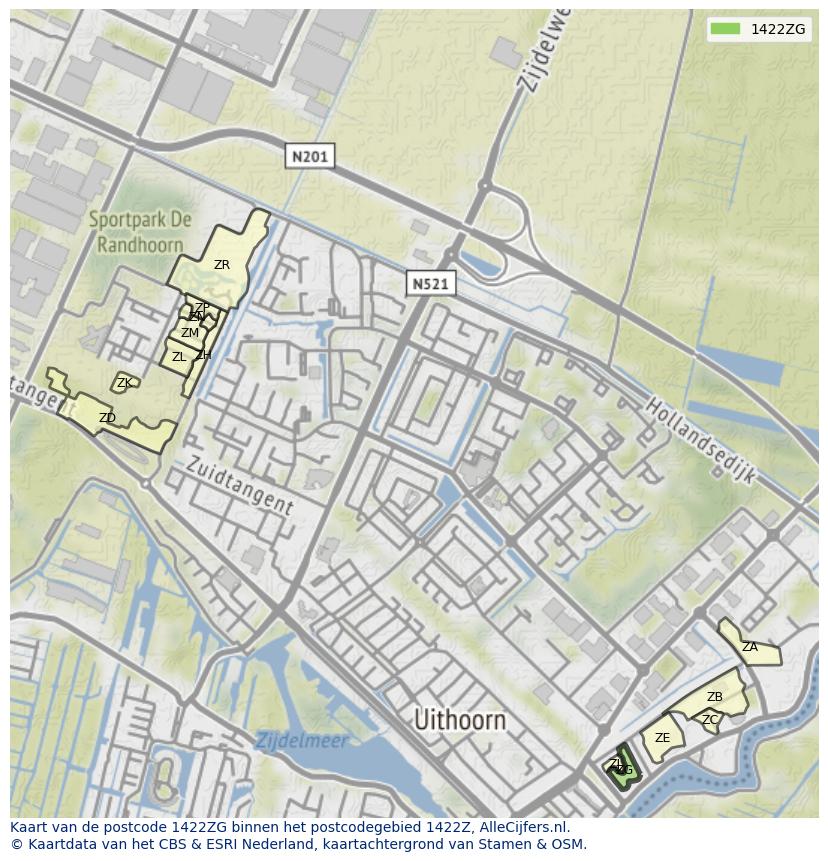 Afbeelding van het postcodegebied 1422 ZG op de kaart.