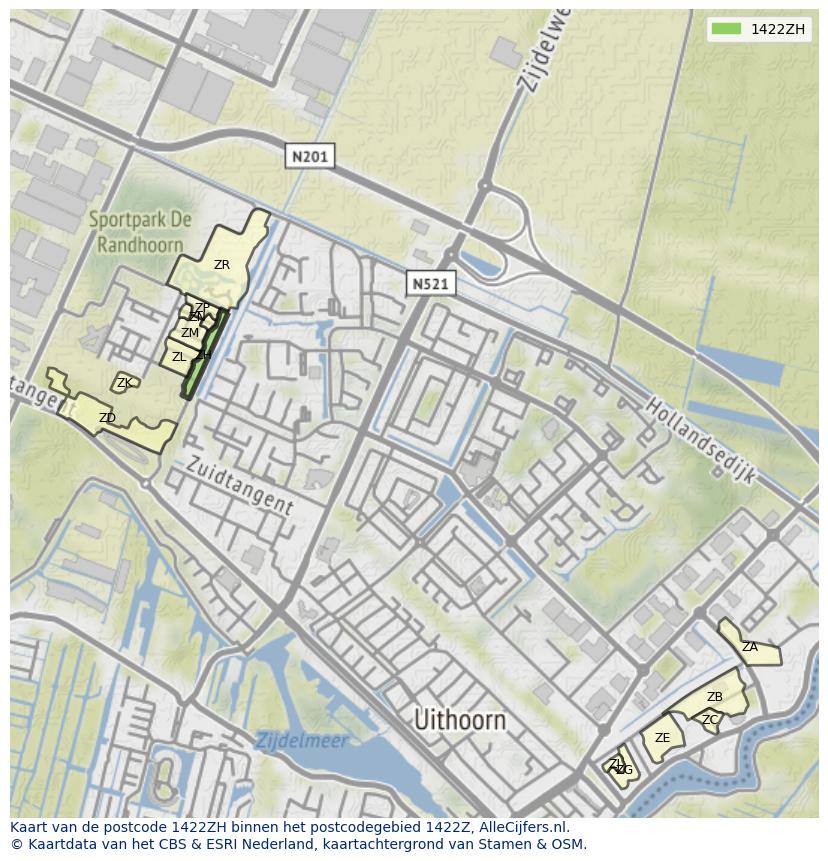 Afbeelding van het postcodegebied 1422 ZH op de kaart.