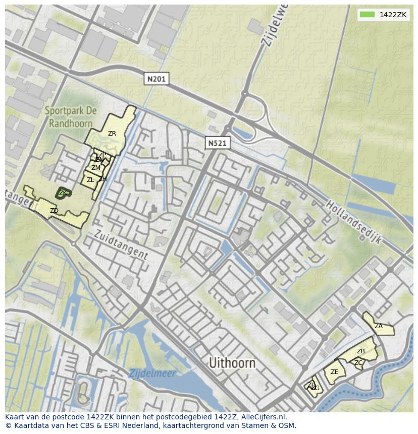 Afbeelding van het postcodegebied 1422 ZK op de kaart.