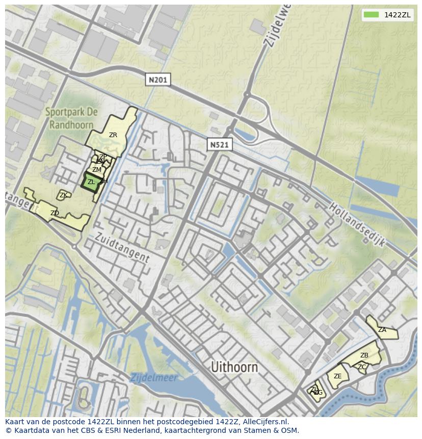 Afbeelding van het postcodegebied 1422 ZL op de kaart.