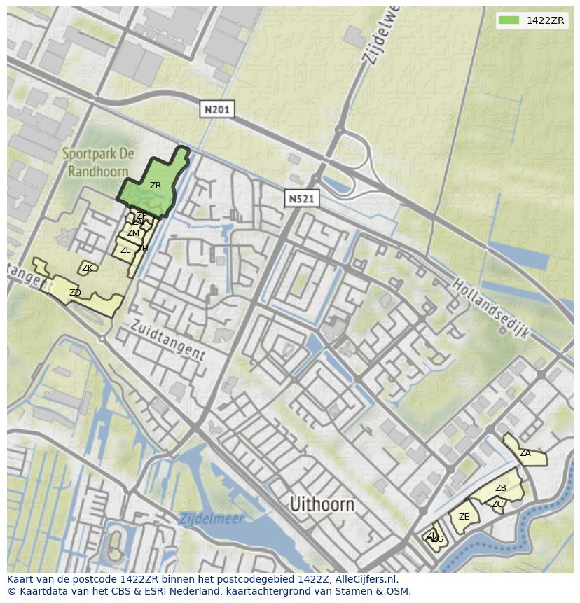 Afbeelding van het postcodegebied 1422 ZR op de kaart.