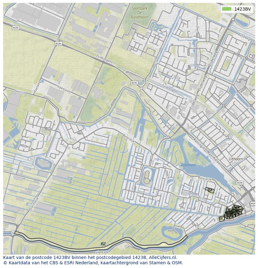 Afbeelding van het postcodegebied 1423 BV op de kaart.